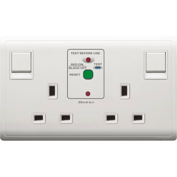 13A 250V Twin Gang Double Pole Switched RCD Socket, White - 1