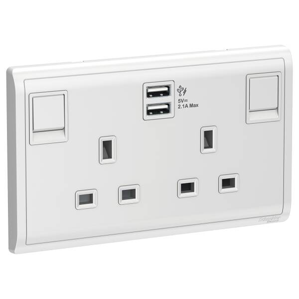 13A Twin Gang Switched Socket with 2.1A USB, White - 1